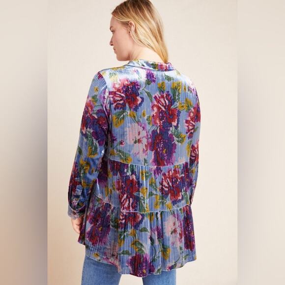 Anthropologie Maeve | Reverie Tiered Velvet Floral Tunic Bloomcore Boho Blue XS - Picture 4 of 13